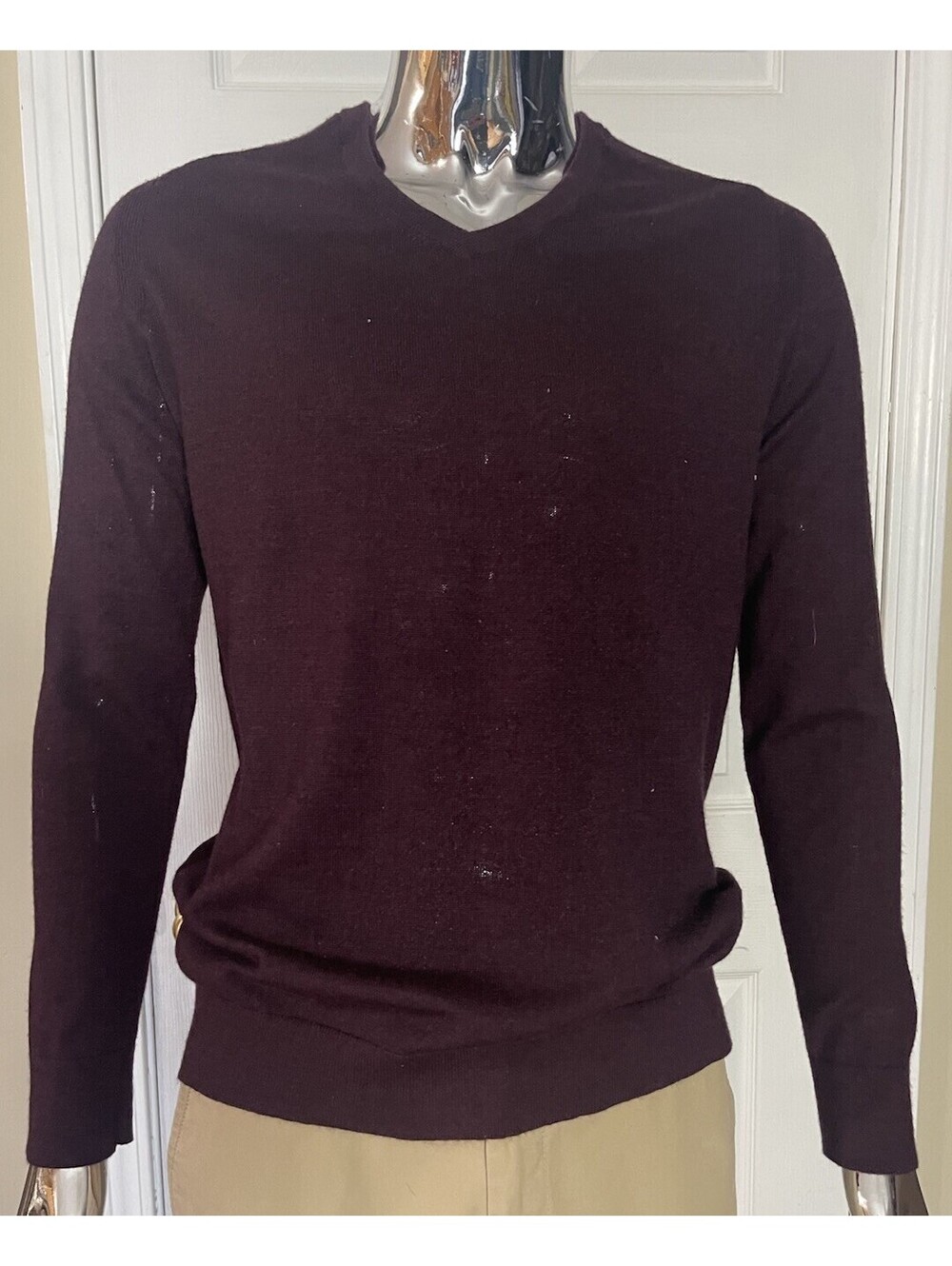 Express Men's Large Merino Wool V-Neck Sweater - Wine (Burgundy)
